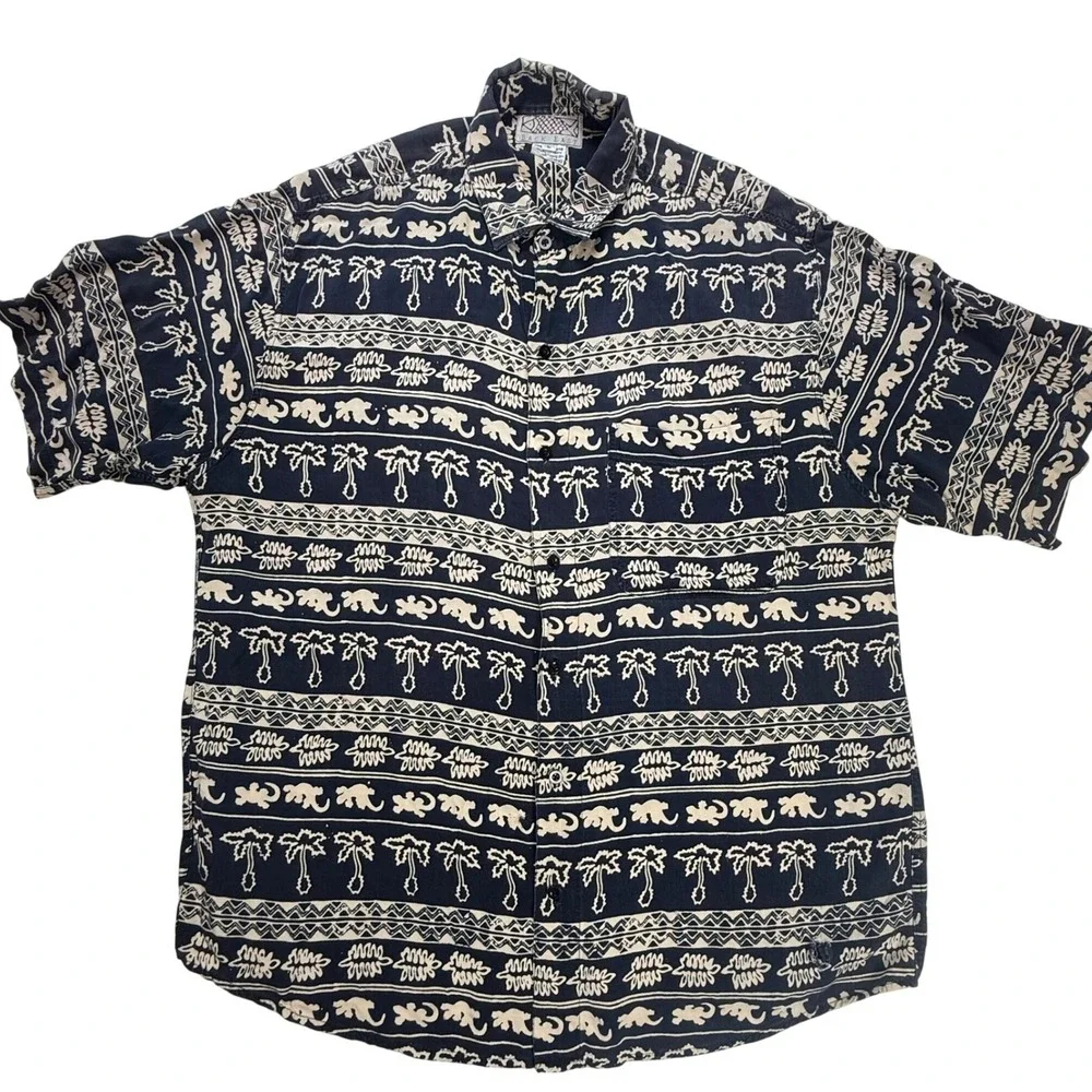 Back East Santa Barbara Mens Large Rayon Tribal Palm Tree Gecko ButtonDown Shirt